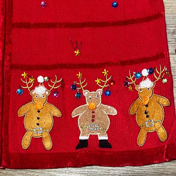 Quacker Factory 1X Christmas Knit Red Cardigan Sweater Full Zip Reindeer Beaded - Picture 3 of 7